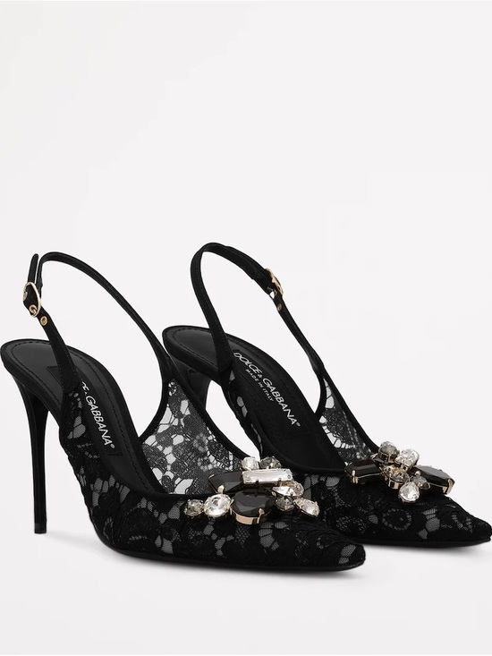 Dolce & Gabbana Shoes - Dolce & Gabbana Black Lace Slingback Pumps with Crystal Brooch